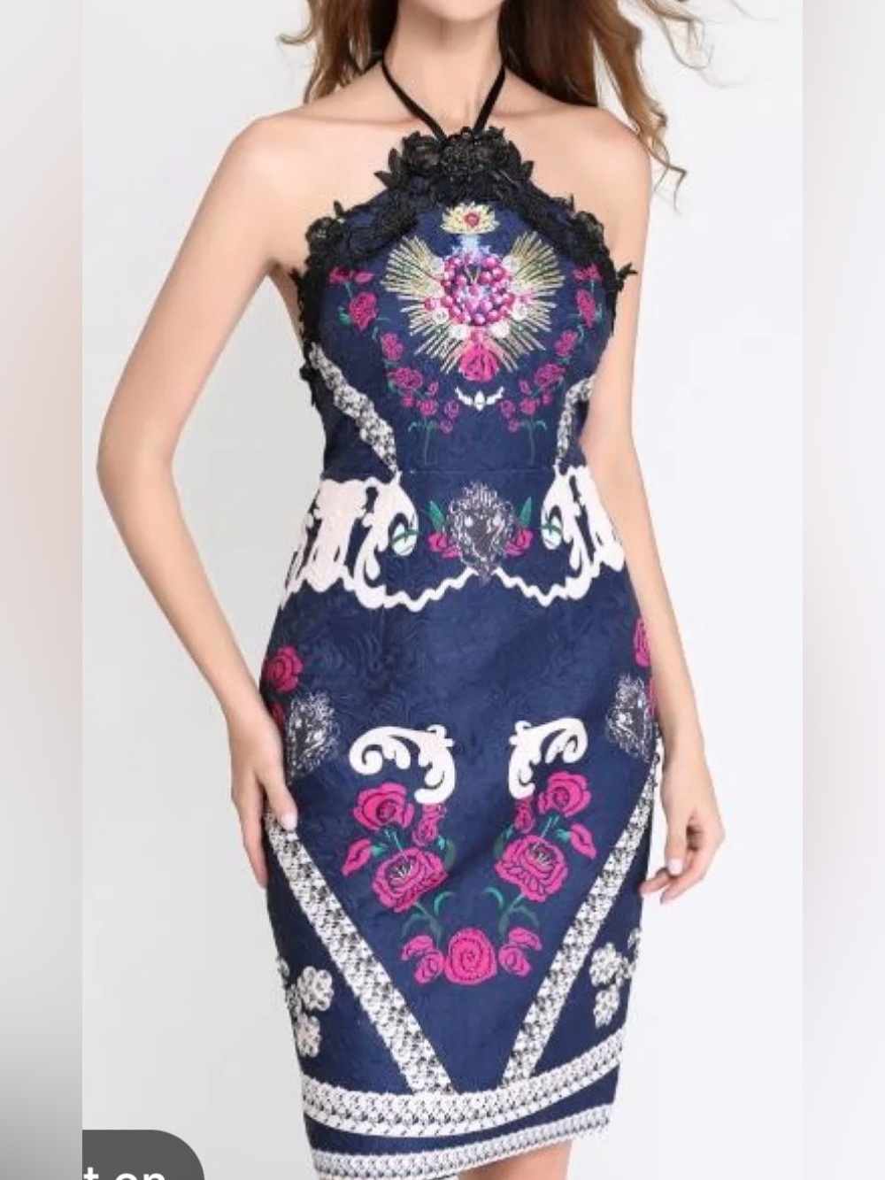 Comino Couture Baroque-Inspired Embroid Embellished Halter Sheath Dress NWT Sz14
